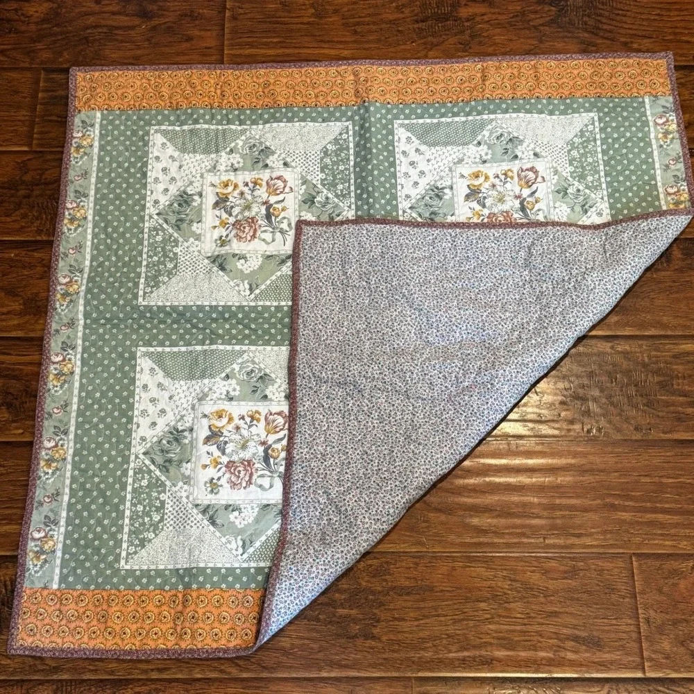 Vintage Patchwork Baby Quilt Blanket Floral Cottage Green Pink 39x41 Nursery